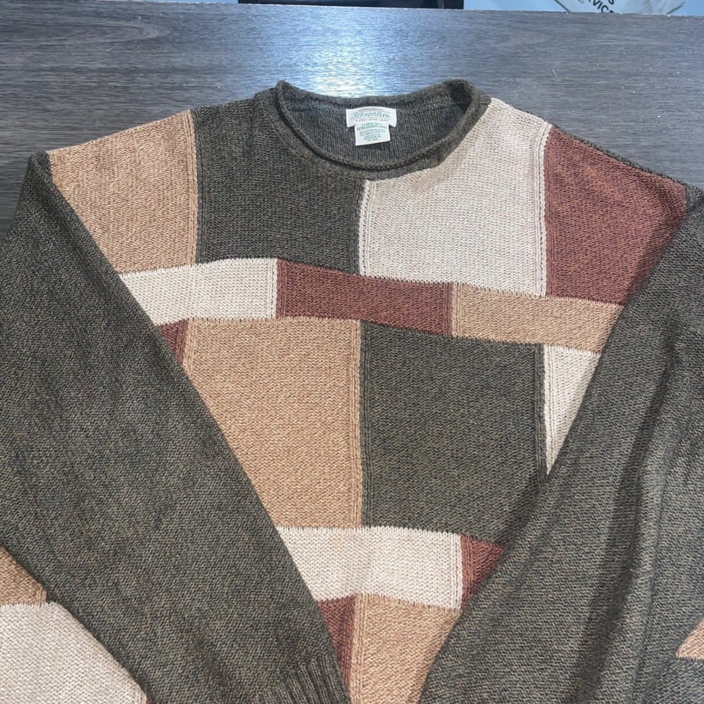 St. Johns Bay Mens XL Tall Multi Color Patchwork Crewneck Knit Sweater USA Made